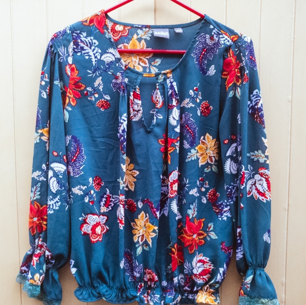 Blue and red patterned boho top